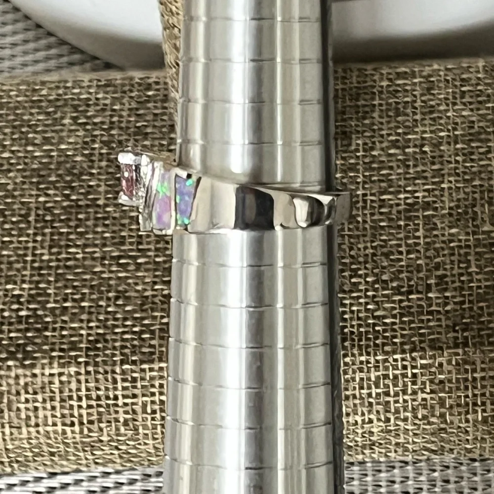 TRILLION-CUT SHIMMERY PINK OPAL-ACCENT PRE-LOVED AUTHENTIC BRASS-PLATED RING
